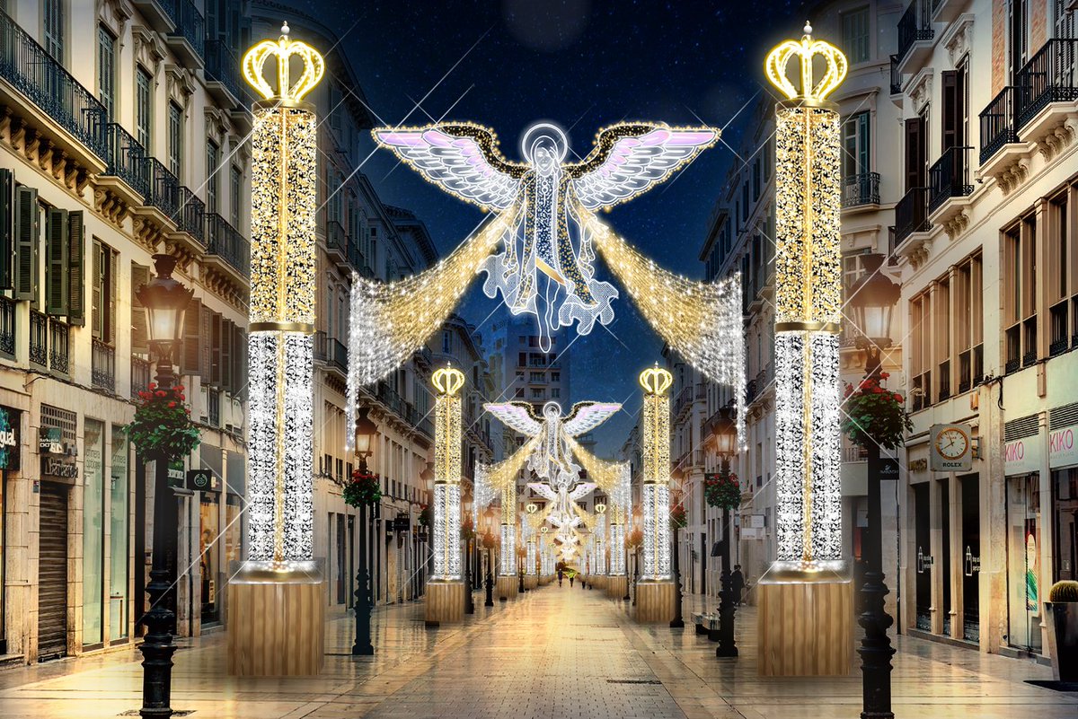 turismodemalaga's tweet photo. Un conjunto de 16 ángeles celestiales hará brillar la calle Larios esta Navidad con un diseño artístico exclusivo para Málaga. 

Más de 500 calles engalanadas, vídeo mapping en la torre mocha de la catedral y un espectáculo luminoso con drones completan la oferta de luz y sonido. https://t.co/8DiymQI14H