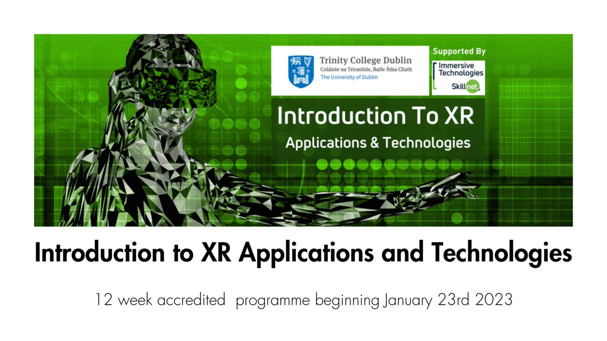 This <a href="/tcddublin/">Trinity College Dublin</a> micro-credential will give learners a broad but deep introduction to Unity3D. You will dive into VR &amp; AR development, enabling you to apply your new knowledge in a creative manner. More info on how to apply here bit.ly/3TBBcgM