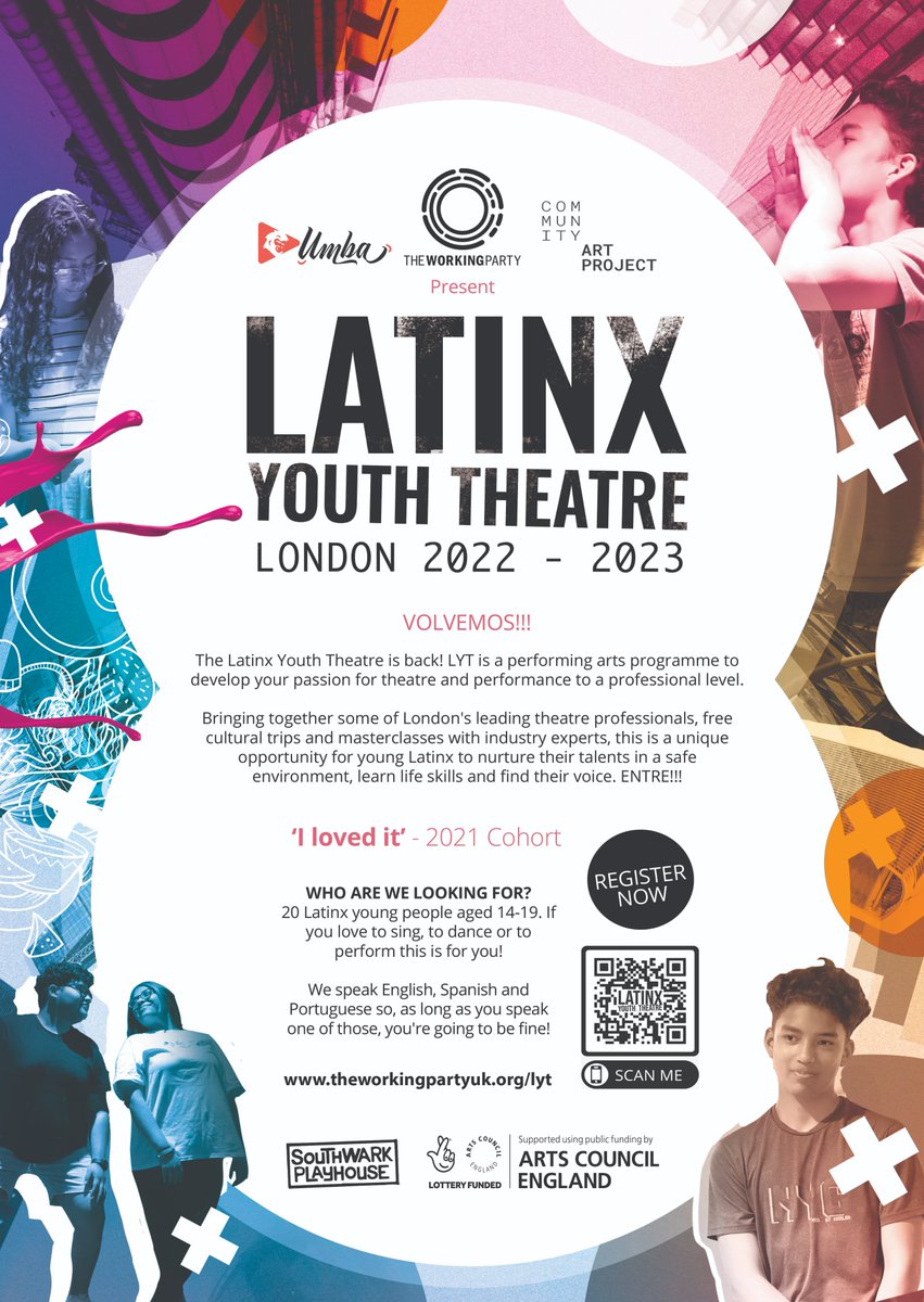 Registrations for the @TheWorkingParty are open! Join this unique creative hub dedicated to young #LatinAmerican people in #London. Learn new skills and develop your passion for theatre, acting, and performing to a professional level. It’s #FREE theworkingpartyuk.org/lyt