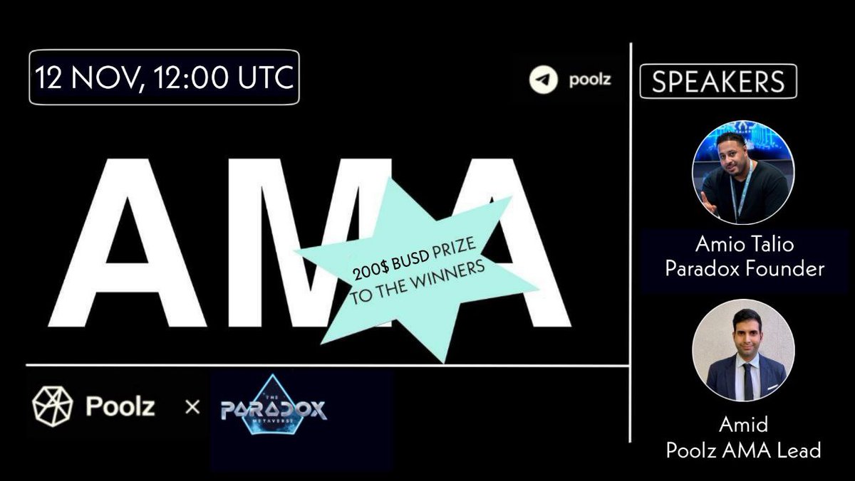 Poolz__'s tweet photo. 📢 We are happy to share that we will conduct an AMA with @Paradoxmeta_io on Nov. 12th at 12:00 UTC! 

🔗 AMA Venue: https://t.co/L4eqpAeKdd

💰 $200 BUSD will be distributed to the winners! 

📏Rules:
1. Follow @Poolz__
2. Follow @Paradoxmeta_io
3. Like, RT, Tag 3 Friends https://t.co/gRr3BOjJbQ
