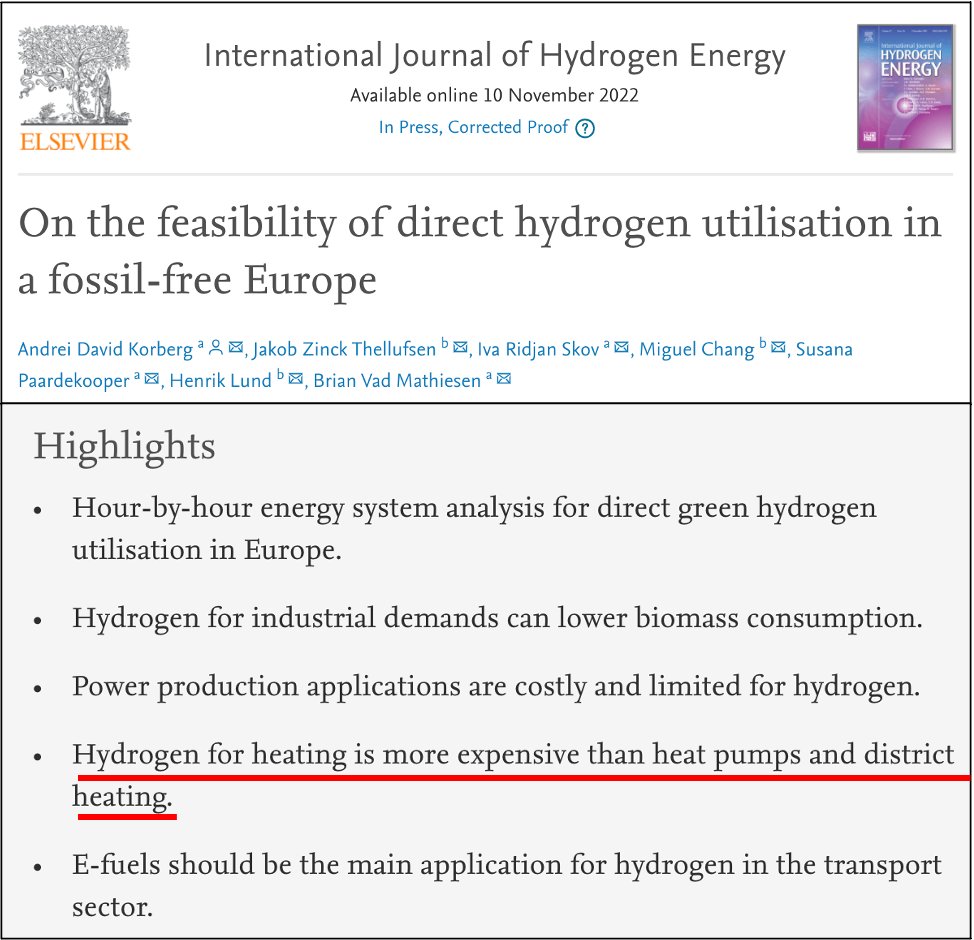 Study number 33 that concludes:

"Hydrogen for heating is more expensive than heat pumps and district heating."

sciencedirect.com/science/articl…