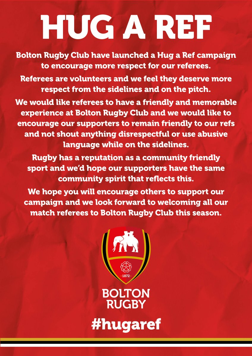 BoltonRUFC's tweet image. Our @HugaRef campaign is spreading &amp;amp; more clubs are adopting a similar return to rugby's core value of Respect
At a time when poor treatment of sports officials gets such bad press our campaign is starting to make a difference.
Let's keep it going!
@SouthportRFC  @MARPLERUGBYCLUB