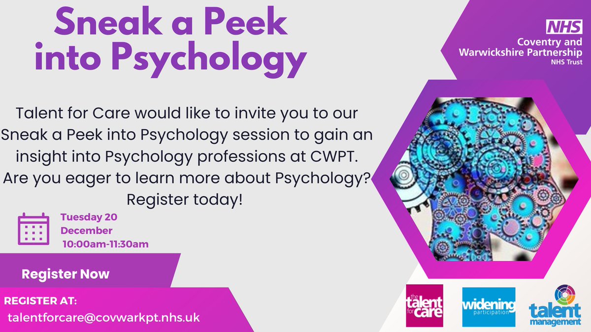 Health and Care Career Hub Coventry & Warwickshire (@nhscareershub) on Twitter photo Are you interested in a career in #Psychology, but not sure where to start? <a href="/CWPT_TalentForC/">CWPT Talent For Care</a> would like to invite you to their Sneak a Peek into Psychology event where you can gain a snippet into the day-to-day experiences of the many roles in their Psychological Services. Are you interested in a career in #Psychology, but not sure where to start? <a href="/CWPT_TalentForC/">CWPT Talent For Care</a> would like to invite you to their Sneak a Peek into Psychology event where you can gain a snippet into the day-to-day experiences of the many roles in their Psychological Services.
