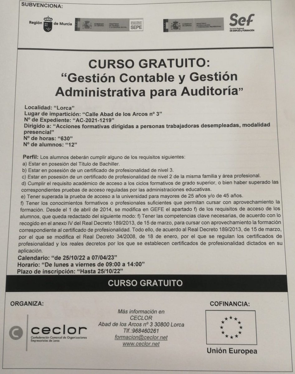 📍Inscríbete en nuestro curso "Gestión Contable y Gestión Administrativa para Auditoría", ¡aún estás a tiempo!

📩 info@ceclor.net ó 968460261

👉Inscripciones e información: ceclor.net/gestion-contab…

#formacion #contabilidad #gestion #administracion