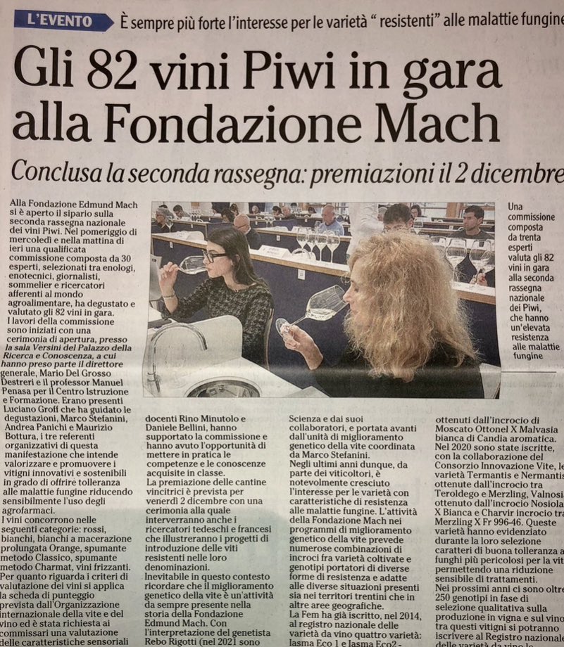 missaglia_sara's tweet photo. L’Adige, il Quotidiano di Trento, racconta le giornate della seconda rassegna sui vitigni resistenti che si è svolta presso la @fondazionemach di San Michele all’Adige.
.
Appuntamento il 2 dicembre con la premiazione!
.
#piwi #vitigniresistenti https://t.co/DqrLGsb4SS