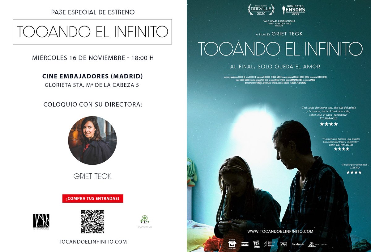 BelgiuminSpain's tweet image. La directora 🇧🇪 @GrietTeck presenta su documental #TouchingInfinity en VOSE 

📍 @CineEmbajadores  
🗓️16.11 a las 18h
🎬touchinginfinityfilm.com
📜3 familias se enfrentan a la muerte cercana. Más allá de la tristeza y los miedos, &apos;Tocando El Infinito&apos; nos lleva en un viaje de amor