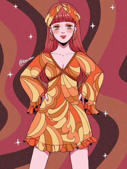70年代ファッションの女の子 ヒッピーでサイケな雰囲気のこの時代好きです #イラスト #illustration #お絵描き #ファッションイラスト