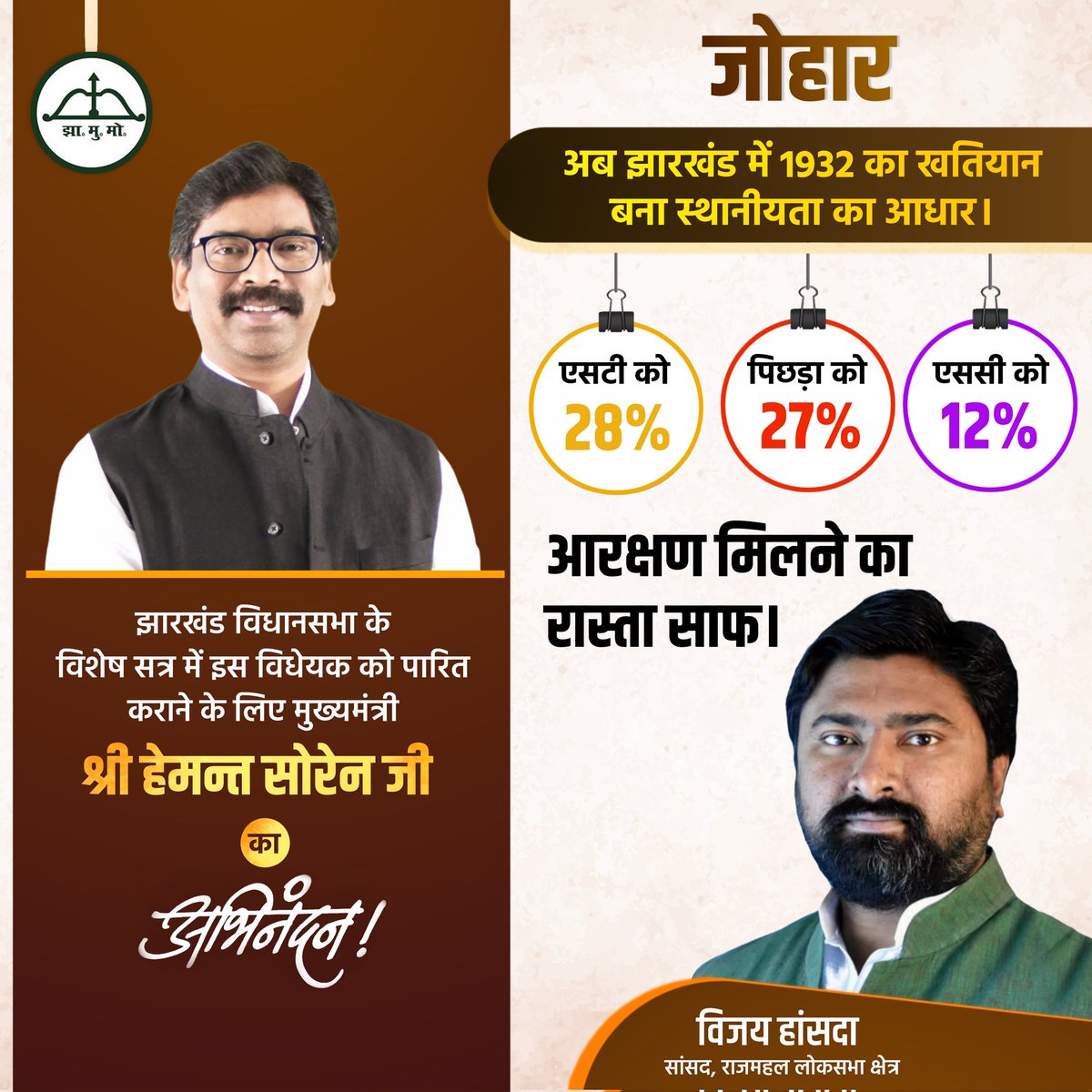 आज झारखंड का वह ऐतिहासिक दिन है, जिसका सपना हमारे झारखंड आंदोलनकारियों ने देखा था। 1932 का खतियान ही अब झारखंड की पहचान होगा। इस साहसिक फैसले के लिए झारखंड के युवा मुख्यमंत्री श्री <a href="/HemantSorenJMM/">Hemant Soren</a> जी का आभार प्रकट करता हूं। झारखंड की जनता की तरफ से उन्हें जोहार और अभिनंदन।