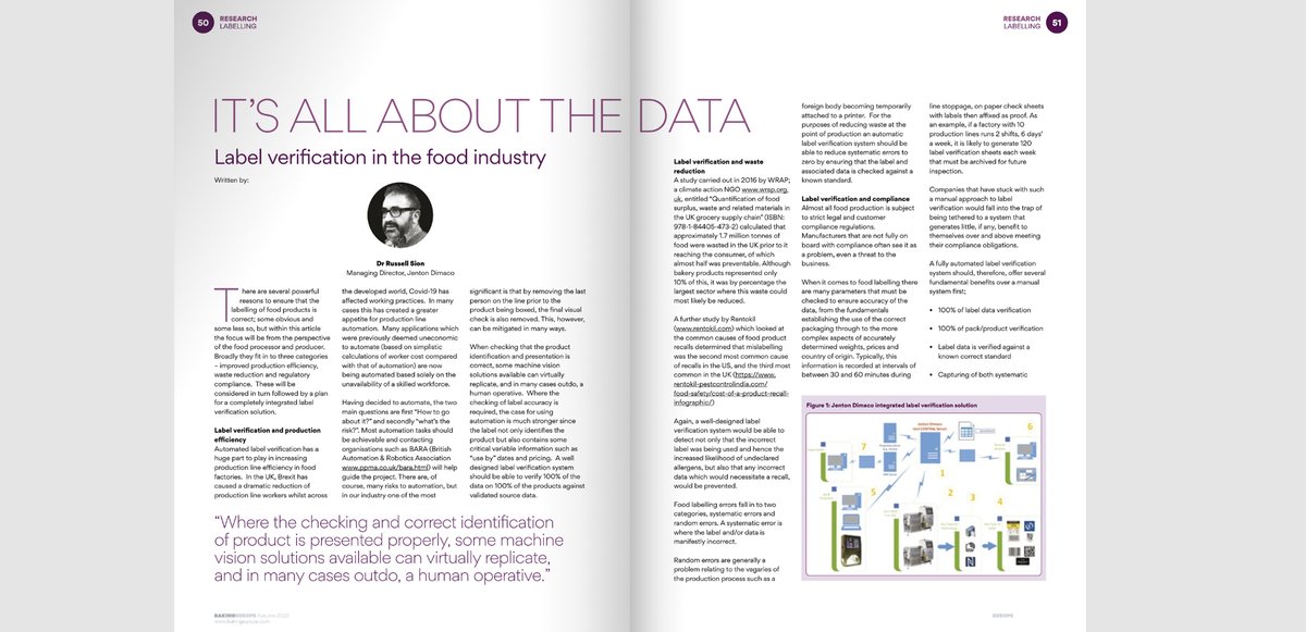 JentonGroup's tweet image. Check out page 50 of The Autumn Issue of Baking Europe Journal to see Dr Russell Sion’s article explaining the benefits of automated Label Verification and why IT’S ALL ABOUT THE DATA
bakingeurope.com/OnlinePublicat…
#labelverification #foodwaste #zerowaste #qualitycontrol #foodprocessing