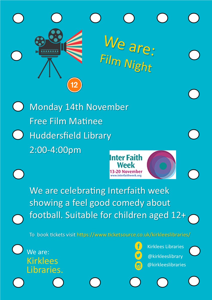 KirkleesLibrary's tweet photo. For #Interfaith Week, we are screening a special #film at both #Batley and #Huddersfield #Library. Anyone up for #love and #football? ⚽ Join us for a matinee at Huddersfield or an evening at Batley on Monday 14th November. For booking details. check our Ticketsource. https://t.co/APCMNgAvZP