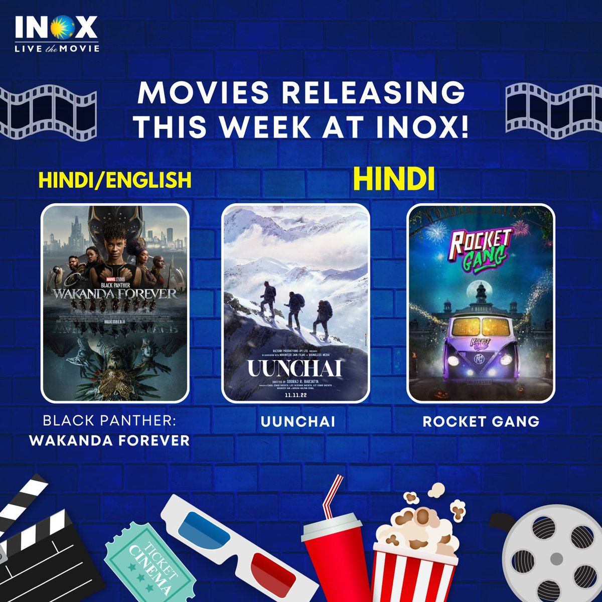 INOXMovies's tweet photo. Have a film-tastic weekend and enjoy your favourite movies on the big screens of #INOX. 
Book your tickets now. Link in bio. 

#KulcheChole #Chobbar #BlackPantherWakandaForever #Uunchai #RocketGang #Mili #ThaiMassage #DoubleXl #Godavri #VarhadiVajantri #Kulswanini #Kooman https://t.co/ljUKodPvC6