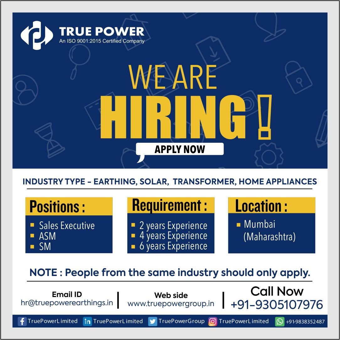 #JoinTruePower

True Power is Hiring across the country to fulfill its commitment to empowering every home to reap the benefits of its World-Class Products and lead a better life.
Mega Hiring is in Progress-Don't miss being part of our Success Story.

#hiring #bulkhiring #success