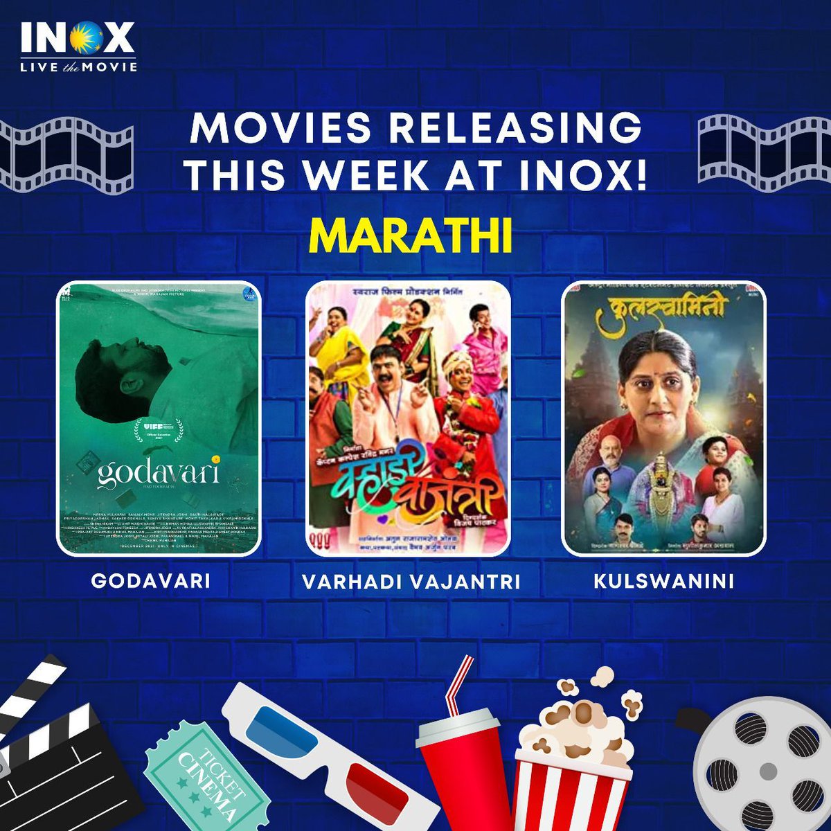 INOXMovies's tweet photo. Have a film-tastic weekend and enjoy your favourite movies on the big screens of #INOX. 
Book your tickets now. Link in bio. 

#KulcheChole #Chobbar #BlackPantherWakandaForever #Uunchai #RocketGang #Mili #ThaiMassage #DoubleXl #Godavri #VarhadiVajantri #Kulswanini #Kooman https://t.co/ljUKodPvC6