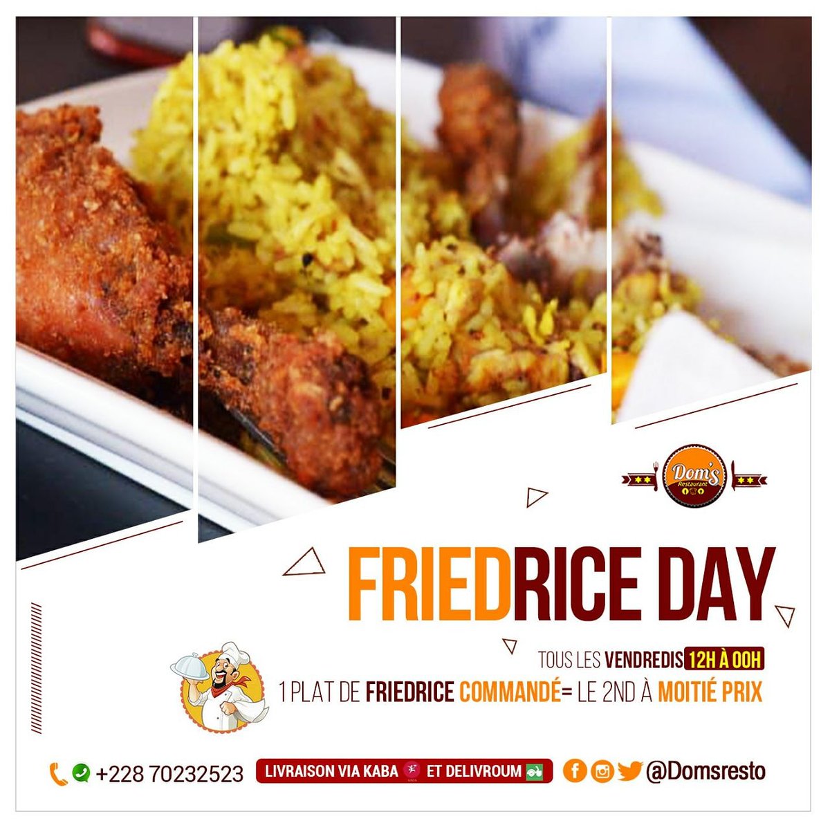 C'est vendrediiii ! 🥳

Pour un plat acheté et le second est à moitié prix, et c'est de 12h à 00h ! 🤗

Vous pouvez manger sur place ou vous faire livrer via <a href="/delivroum/">Delivroum</a> et <a href="/kabadelivery/">Kaba Delivery</a>. 

Pour précommander, vous pouvez contacter le 📞 +228 70 23 25 23 (Gsm/Whatsapp)