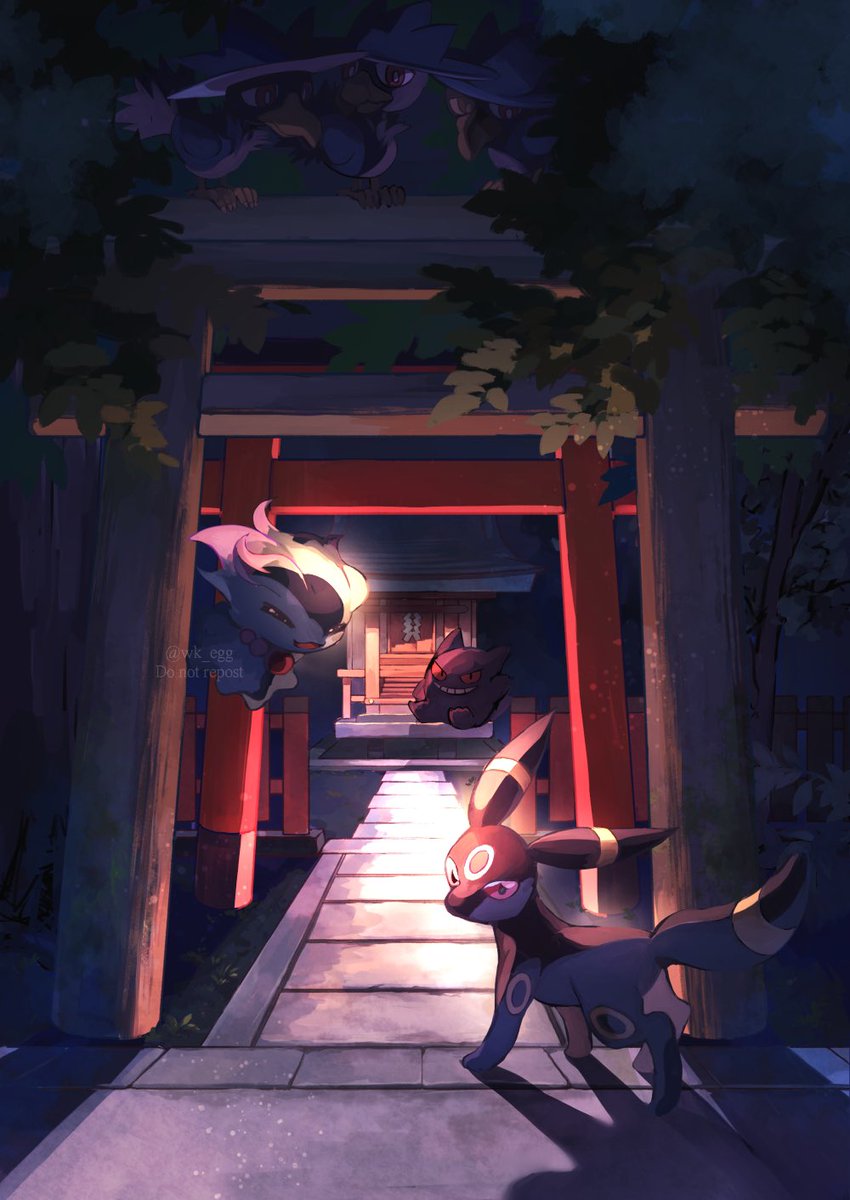 umbreon pokemon (creature) no humans outdoors torii night stairs tongue  illustration images
