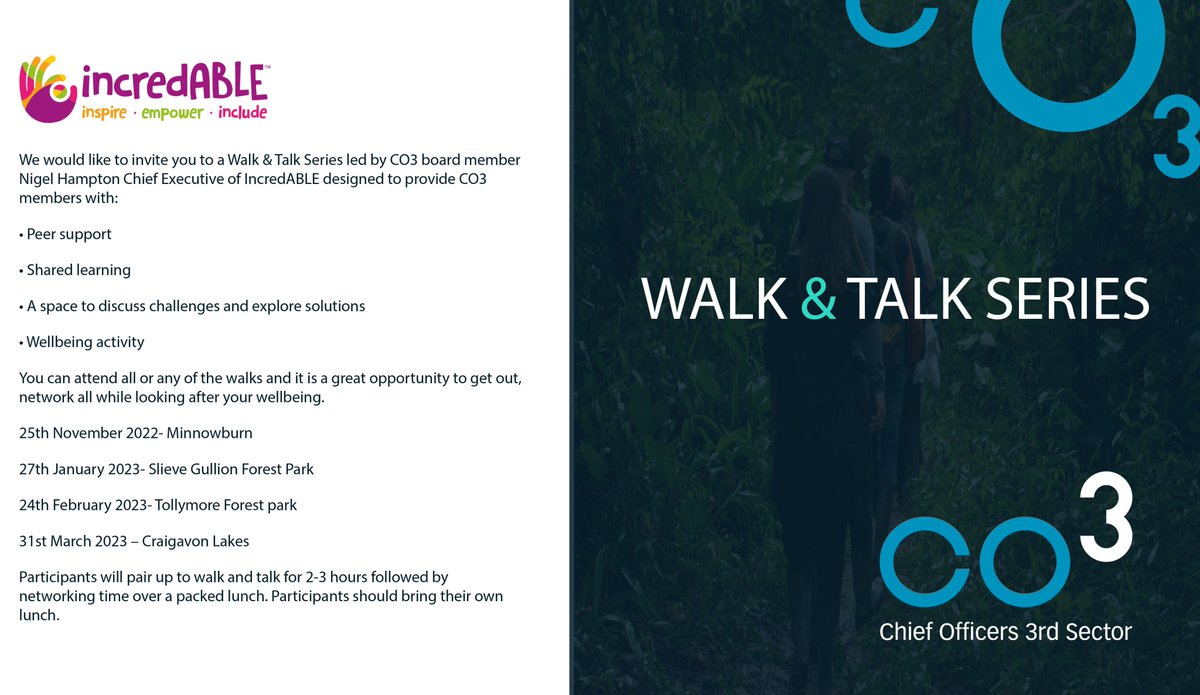 Looking forward to this 'Walk &amp; Talk' Series with <a href="/weareincredABLE/">incredABLE</a>. 

Please join us on 25 November for a walk &amp; talk around #Minnowburn - a great opportunity to get out and network all while looking after your wellbeing.

co3.org.uk/events/walk-ta…