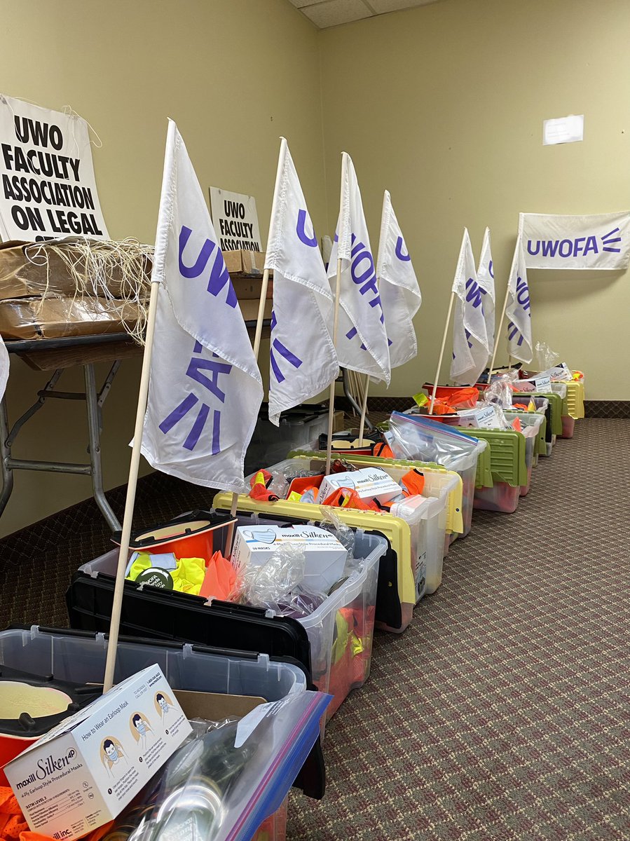Picket bins ready at @uwofa1 Strike HQ! These will go to each picket location @WesternU to support picketers on Tuesday morn if we do not avert a #StrikeAtWestern