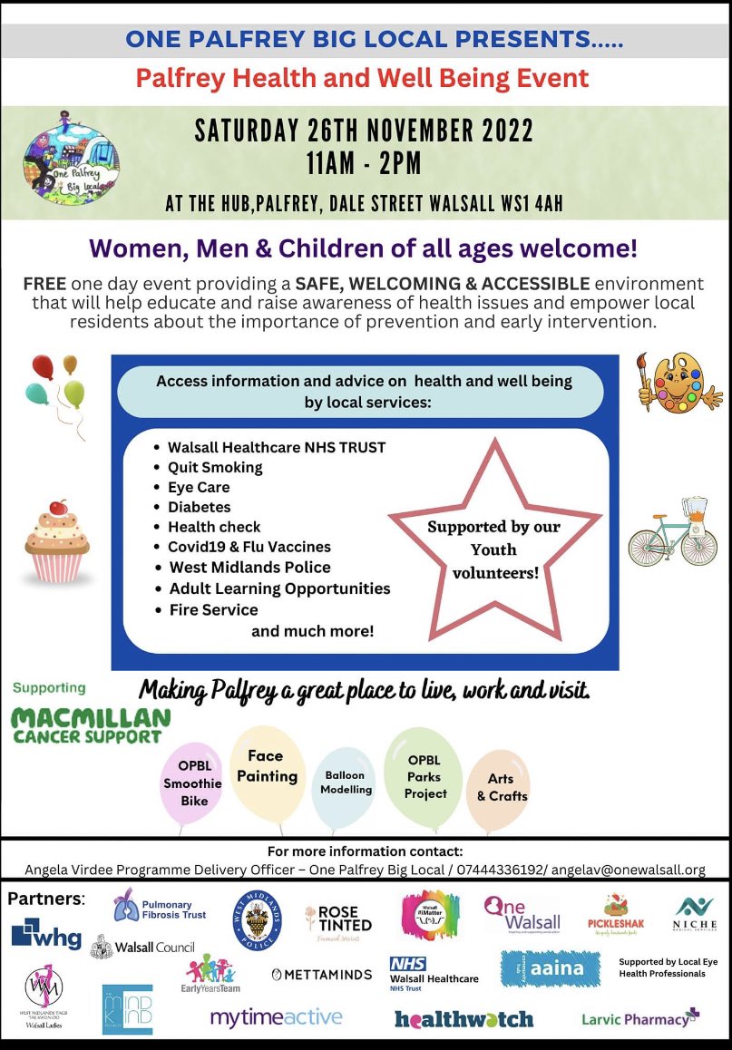 Palfrey Health &amp; Well Being Event 2022 hosted by One Palfrey Big Local!

Do not miss this opportunity to attend our free event to help residents explore local health and well being services.

See you soon! 

Please share 😊