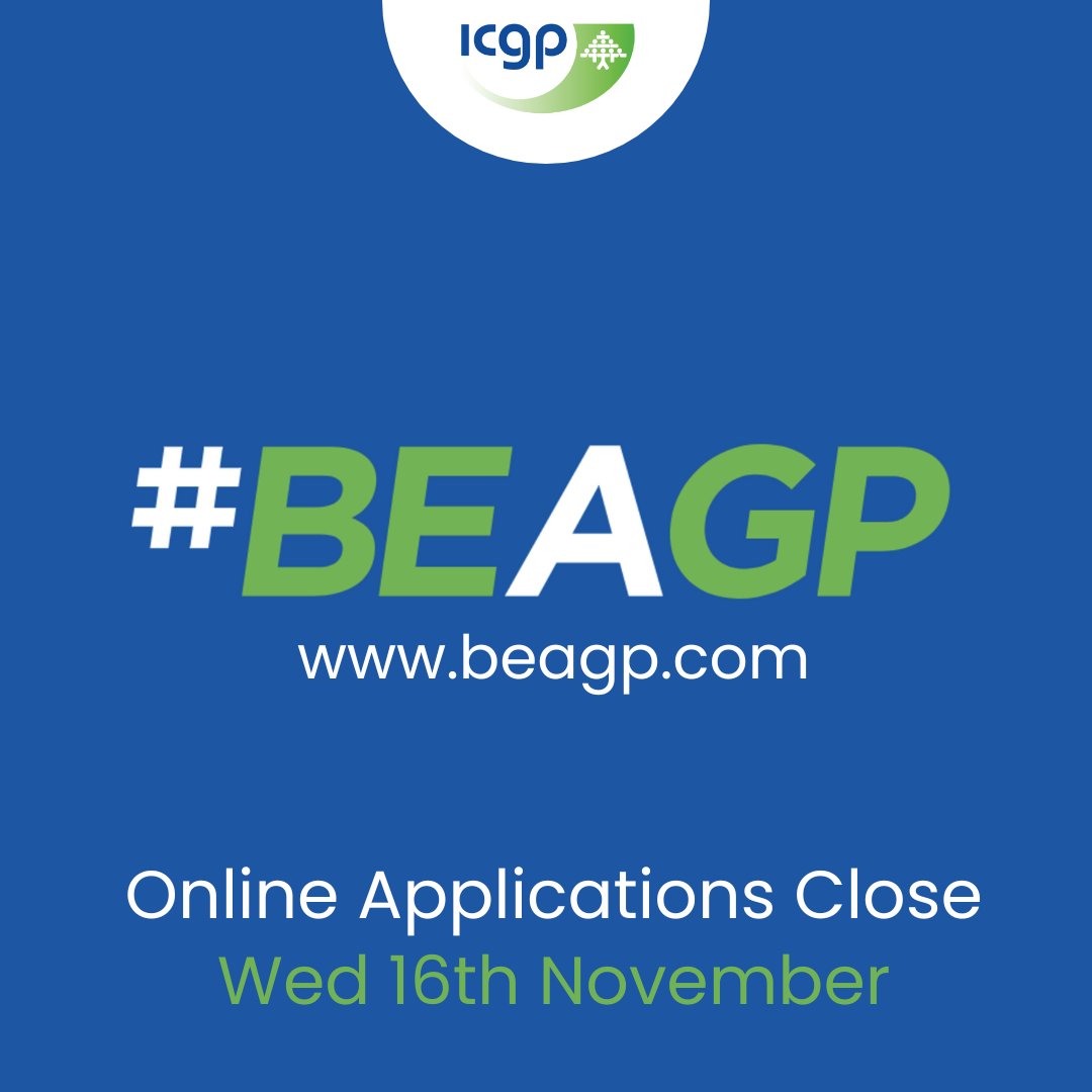 ⏳⏳REMINDER ⏳⏳
Next Wednesday 16th November at 5pm is the closing date and time for online applications for the 2023 GP Training programme.
Check out icgp.ie for details.
Email gptraining@icgp.ie if any questions.
#BEaGP  #WorkLifeBalance #MakeADifference