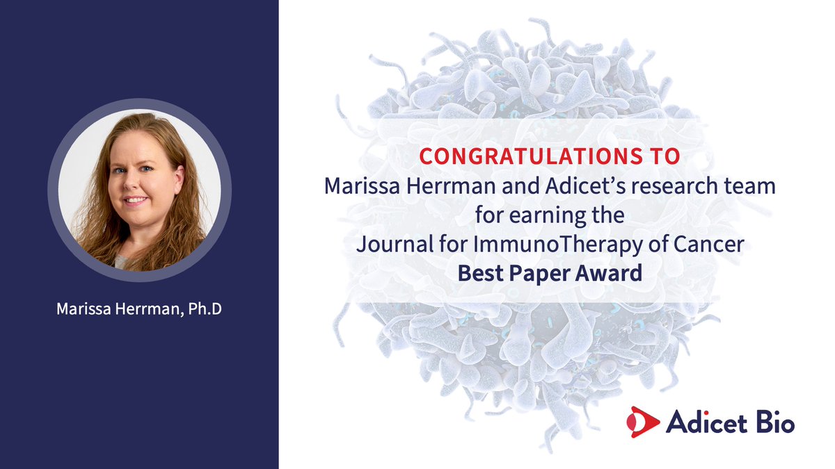 AdicetBio (@adicetbio) on Twitter photo Congratulations to Marissa Herrman & the Adicet research team for being selected as this yearās <a href="/jitcancer/">Journal for ImmunoTherapy of Cancer</a> Best Immune Cell Therapies and Immune Cell Engineering Paper! Your commitment to developing transformative therapies to defeat cancer is inspiring! #celltherapy #SITC2022 Congratulations to Marissa Herrman & the Adicet research team for being selected as this yearās <a href="/jitcancer/">Journal for ImmunoTherapy of Cancer</a> Best Immune Cell Therapies and Immune Cell Engineering Paper! Your commitment to developing transformative therapies to defeat cancer is inspiring! #celltherapy #SITC2022