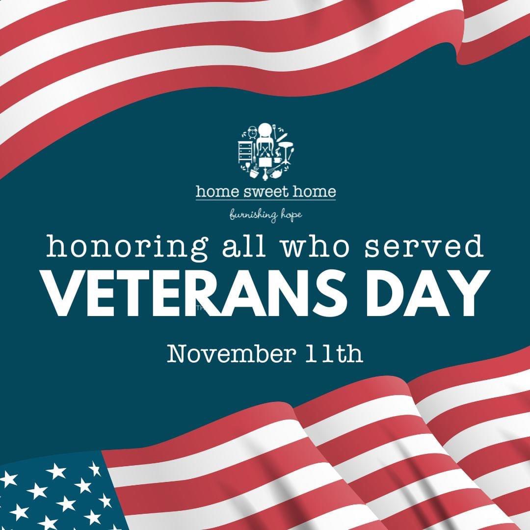Happy Veterans Day! Over 15% of our #HomeSweetHome clients this year are veterans, and it is our honor to be able to #furnishhope for those who are transitioning into their new homes that they so deserve. 

#HappyVeteransDay #HomeSweetHomeSTL #STL #veterans #STLfurniturebank
