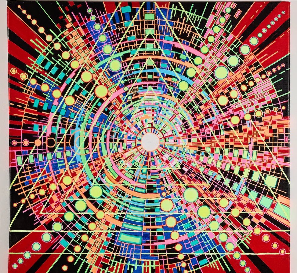 chriszka's tweet photo. I tried my first stroboscopic lightmachine 3 years ago & made these 2 paintings to capture the experience. Just tried a new #lightmachine (the Roxiva) and can confirm:
This IS what my brain looks like on light. ⚡️✨
#artbychriszka #acrylicpaintings #psychedelicart #roxiva https://t.co/t3Rs7TMTVG