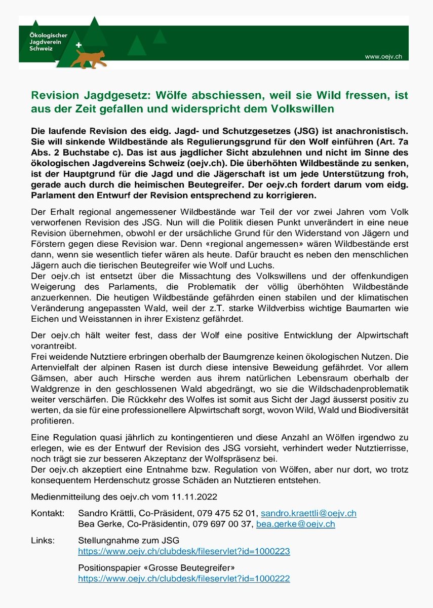 oejv_ch's tweet photo. Revision Jagdgesetz: Wölfe abschiessen, weil sie Wild fressen, ist aus der Zeit gefallen und widerspricht dem Volkswillen
https://t.co/STmgR0C9tT https://t.co/JLC8XrQKGx