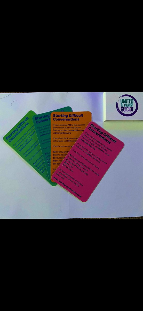 AllanHami83's tweet image. A pocket sized card - Containing life changing advice &amp;amp; guidance absolutely invaluable to start that difficult conversation 

‼️ALERT ‼️ 
✅Ask 
✅Listen &amp;amp; show you care 
✅Encourage to get help
✅Right Now 
✅Tell Someone 

#UnitedToPreventSuicide @TalkToSaveLives