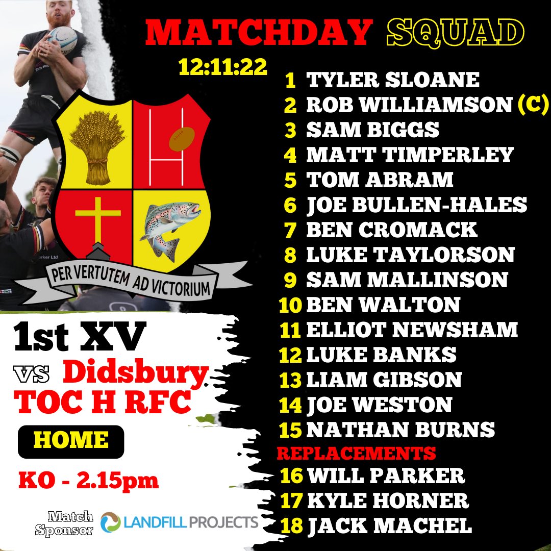 ⬇️1st XV SQUAD vs Didsbury TOC H RFC⬇️

Our 1st XV squad to take on @didsburytoch at Carr Lane tomorrow!

#onebadgeoneclub 
#wearetarleton
❤️💛🖤