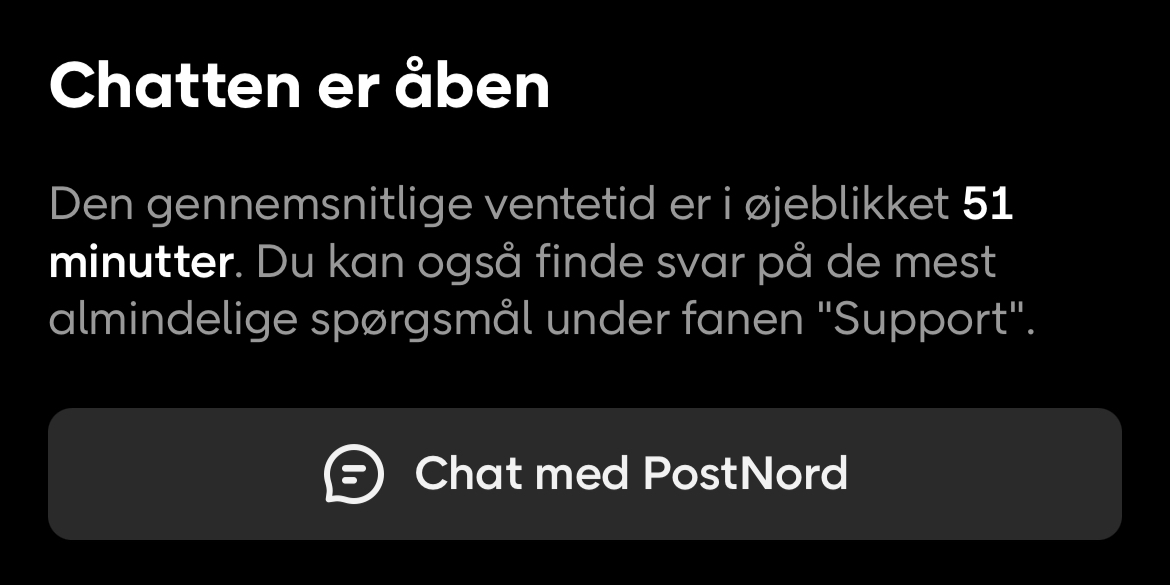 Normalt virker @postnorddk’s pakkeboks upåklageligt. Når den så ikke gør, er det dybt utilfredsstillende at mulighederne er 1) en telefon uden angivelse af kønummer eller ventetid, eller 2) det her: