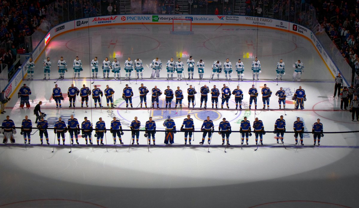 StLouisBlues's tweet image. We were honored to have members of the @STLBluesWarrior Hockey team join us on the ice for the anthem during last night’s Salute to Military Night.