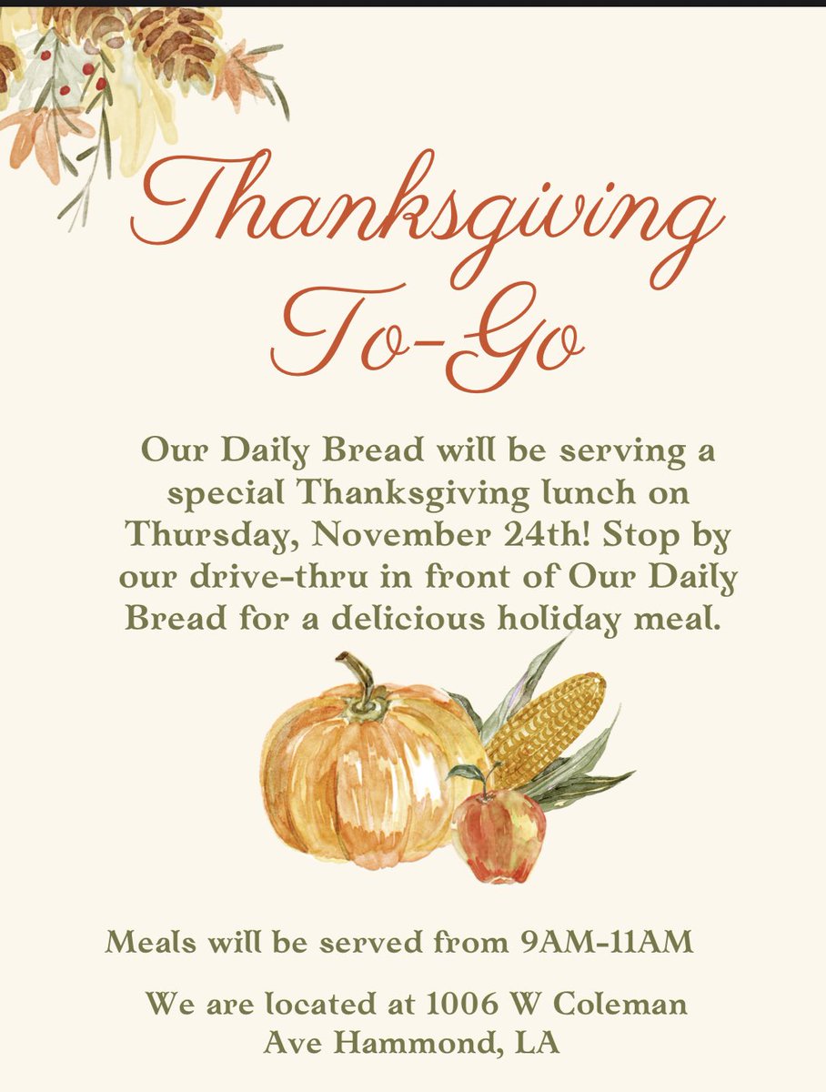Mabbe17's tweet photo. If anyone is looking for a warm holiday meal on Thanksgiving, Our Daily Bread Food Bank will be serving a holiday meal to-go from 9am-11am! All are welcome💛 https://t.co/wUBFBBesD1