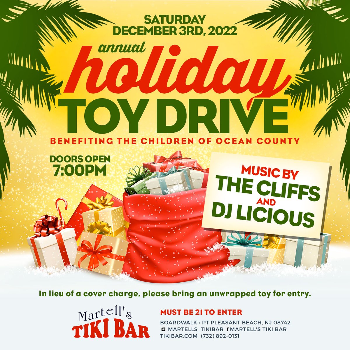 It's that time of year when we get ready for our Holiday Toy Drive!🎁Save the date to come dance the night away as we gather gifts for children in Ocean County.🕺

Music by <a href="/TheCliffsBand/">The Cliffs</a> and <a href="/LICIOUSMUSIC/">DJLICIOUS the girl</a>! Please bring an unwrapped toy for entry in lieu of a cover charge.
