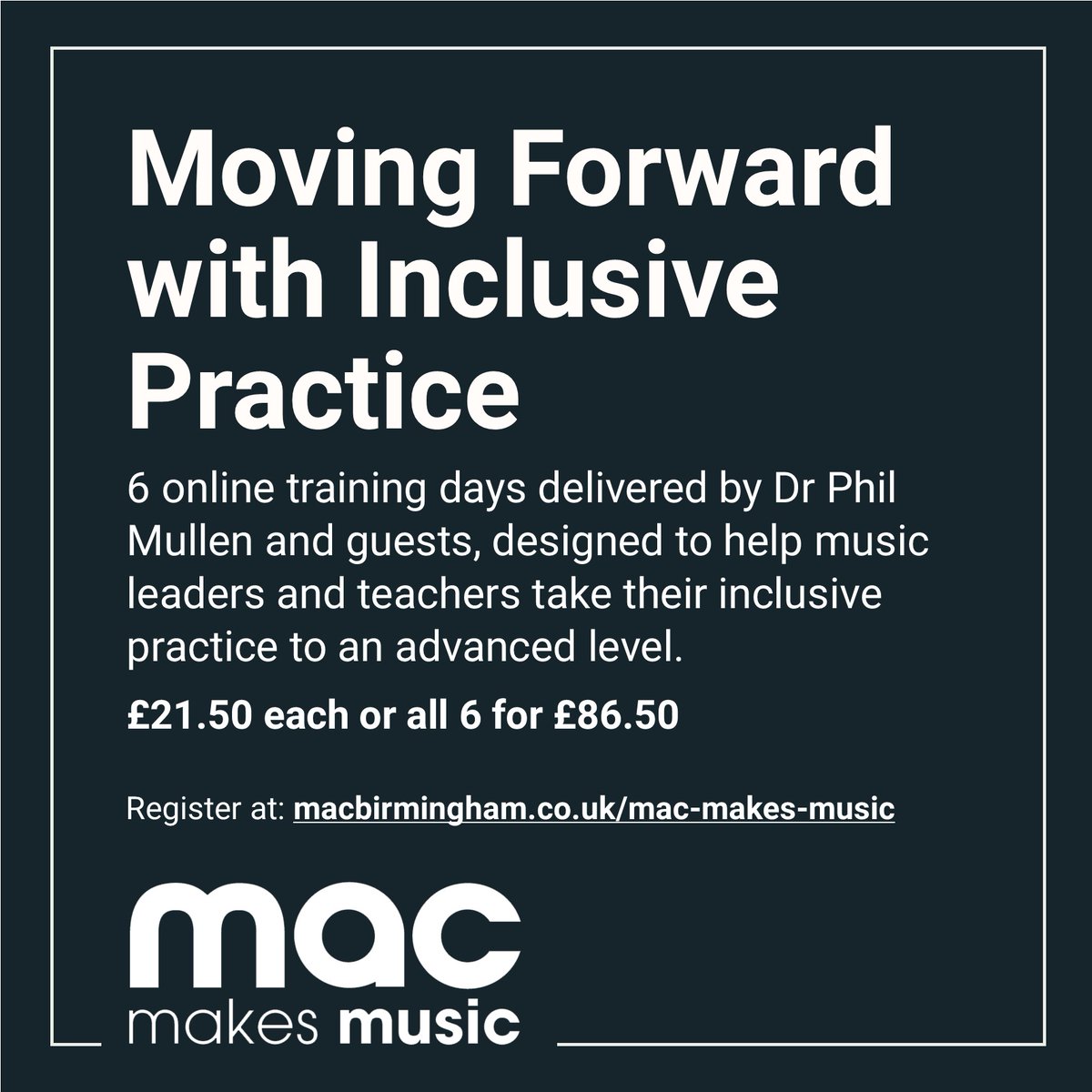 Final call for our Advanced #Inclusion Training Days for Music Practitioners, delivered by Phil Mullen and guests. Starts next Tues. 
Fantastic chance to learn from the experts. Sessions will be lively and informative!
Book all 6 for just £86.50! Details rb.gy/xlu4ji