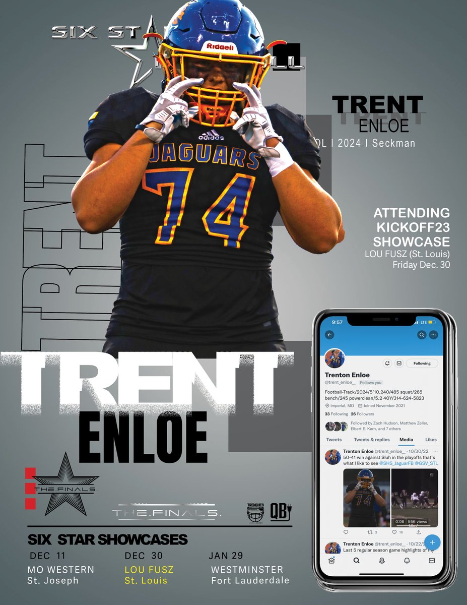 KICKOFF23 SHOWCASE  | Trent Enloe

5’10, 230  |  OL |  2024 |  Seckman  |  <a href="/trent_enloe__/">Trenton Enloe</a>

▪️Excited to announce 2024 Trent Enloe will be attending the Kickoff23 Showcase! 

📆 Dec. 30
📍Lou Fusz (Indoor)

🎫 INFO/REGISTER: 
sixstarfootball.com/six-star-footb…