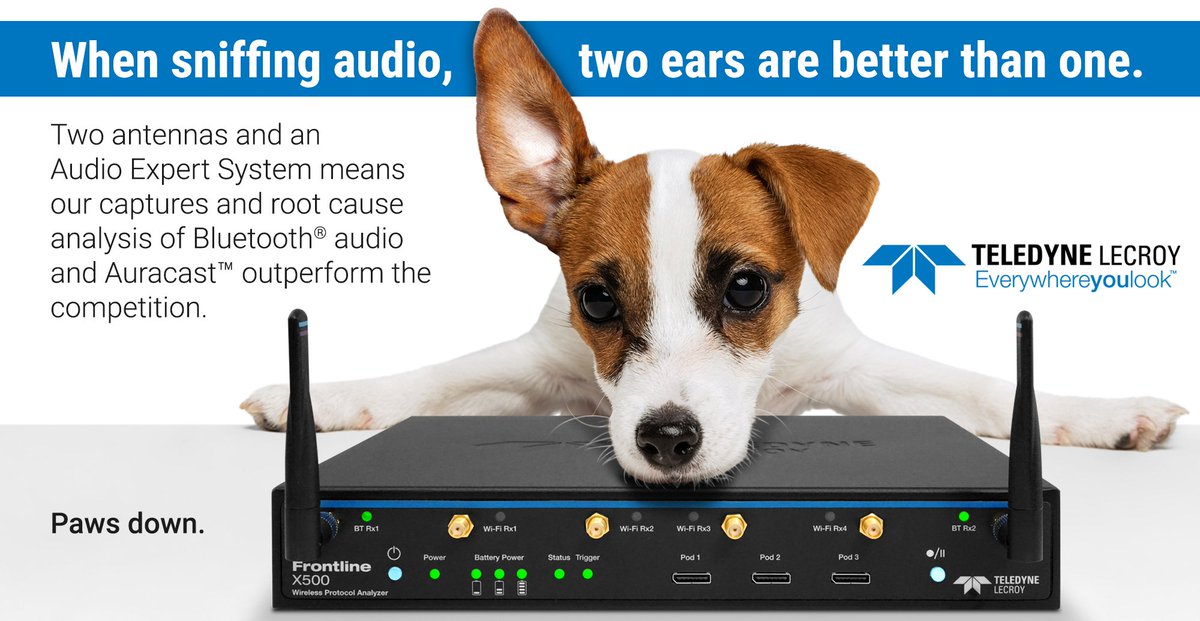 TeledyneLecroy's tweet image. With two Bluetooth radio antennas and Audio Expert System, the Frontline X500 Wireless Protocol Analyzer provides superior #BluetoothAudio and #Auracast™ debugging and development. Learn more: lcry.us/3WVxPEg #protocolanalysis #protocolanalyzer #bredr #ble #WiFi6 #WiFi6E