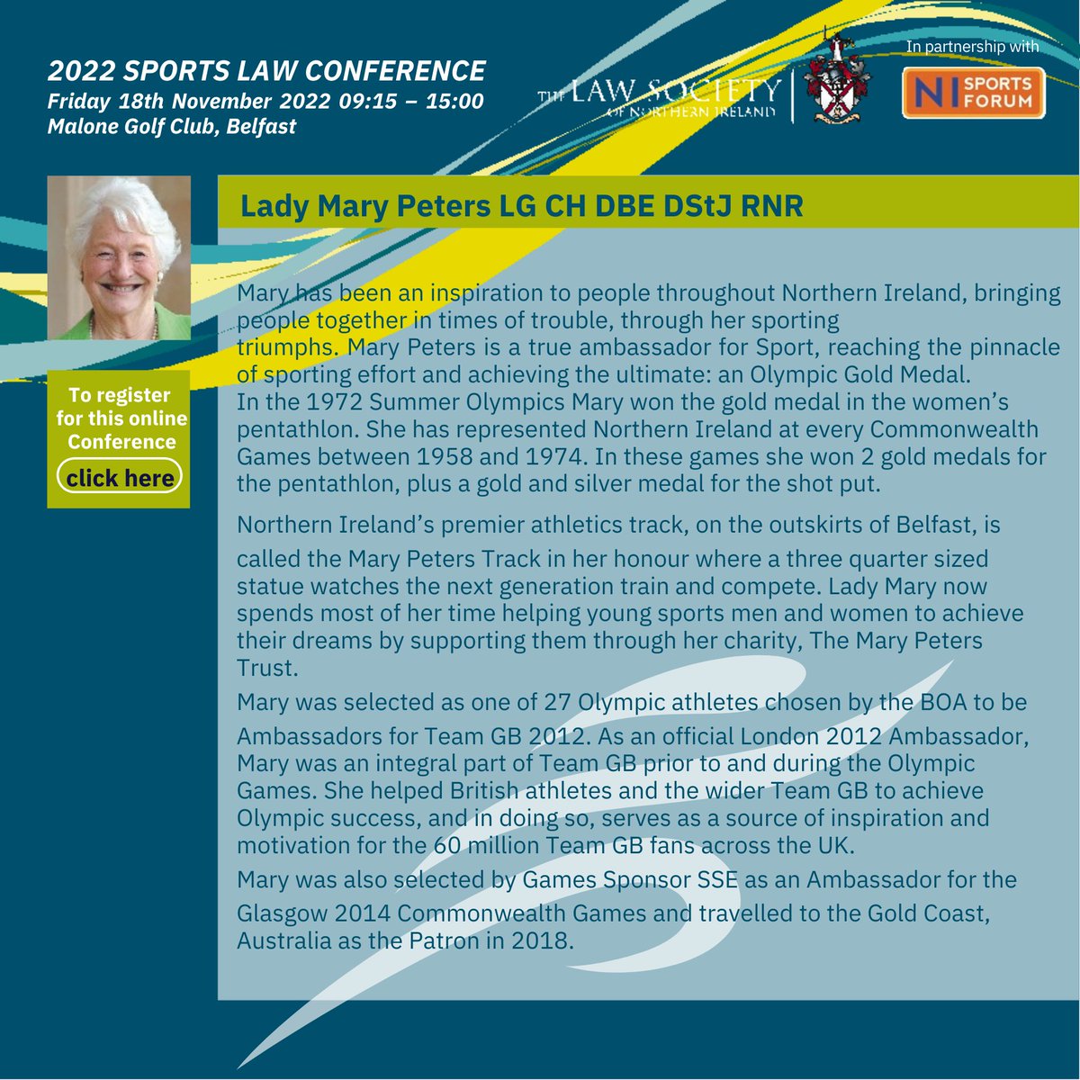 SportsLawCon's tweet photo. It's with great excitement that we welcome Lady Mary Peter's to the conference this year for a guest interview.

On the year of her 50th anniversary since winning Olympic Gold, there will be plenty to talk about and discuss 🥇

Get your tickets today🎟️https://t.co/PNFDFIzYcX https://t.co/BckAAubf0m