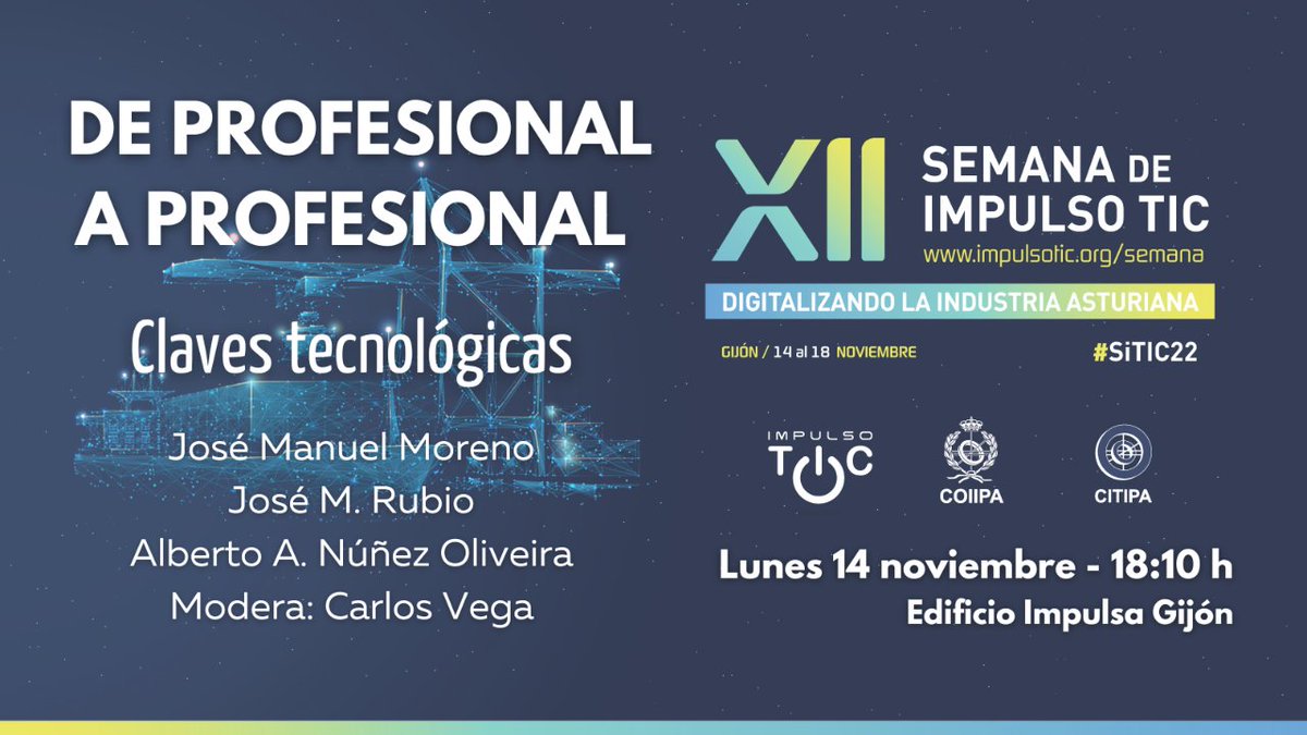 💻 #SiTIC22 | 'De profesional a profesional'

🗣️ Analizamos la situación tecnológica de la industria asturiana con ponencias por parte de profesionales de referencia.

📆 Lunes 14 de noviembre, a las 18:10 horas: "Claves tecnológicas".

📝¡Inscríbete!

impulsotic.org/actividades/se…