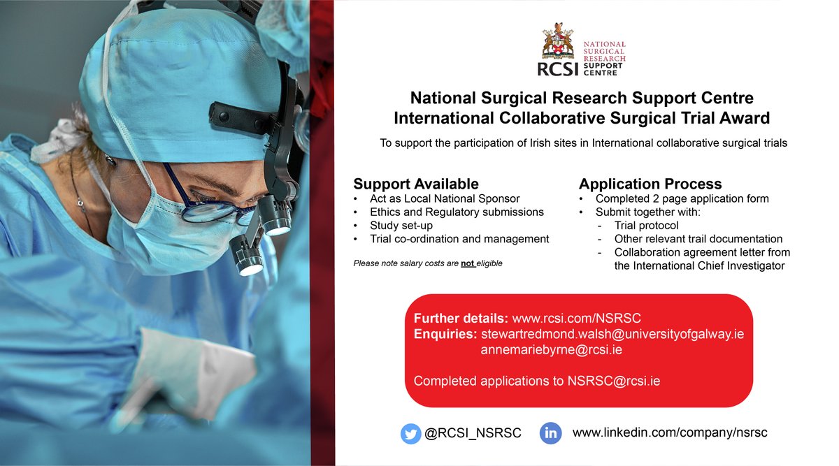 We are excited to announce the launch of the RCSI-NSRSC International Collaborative Surgical Trials Award. Further details are on our website: rcsi.com/NSRSC