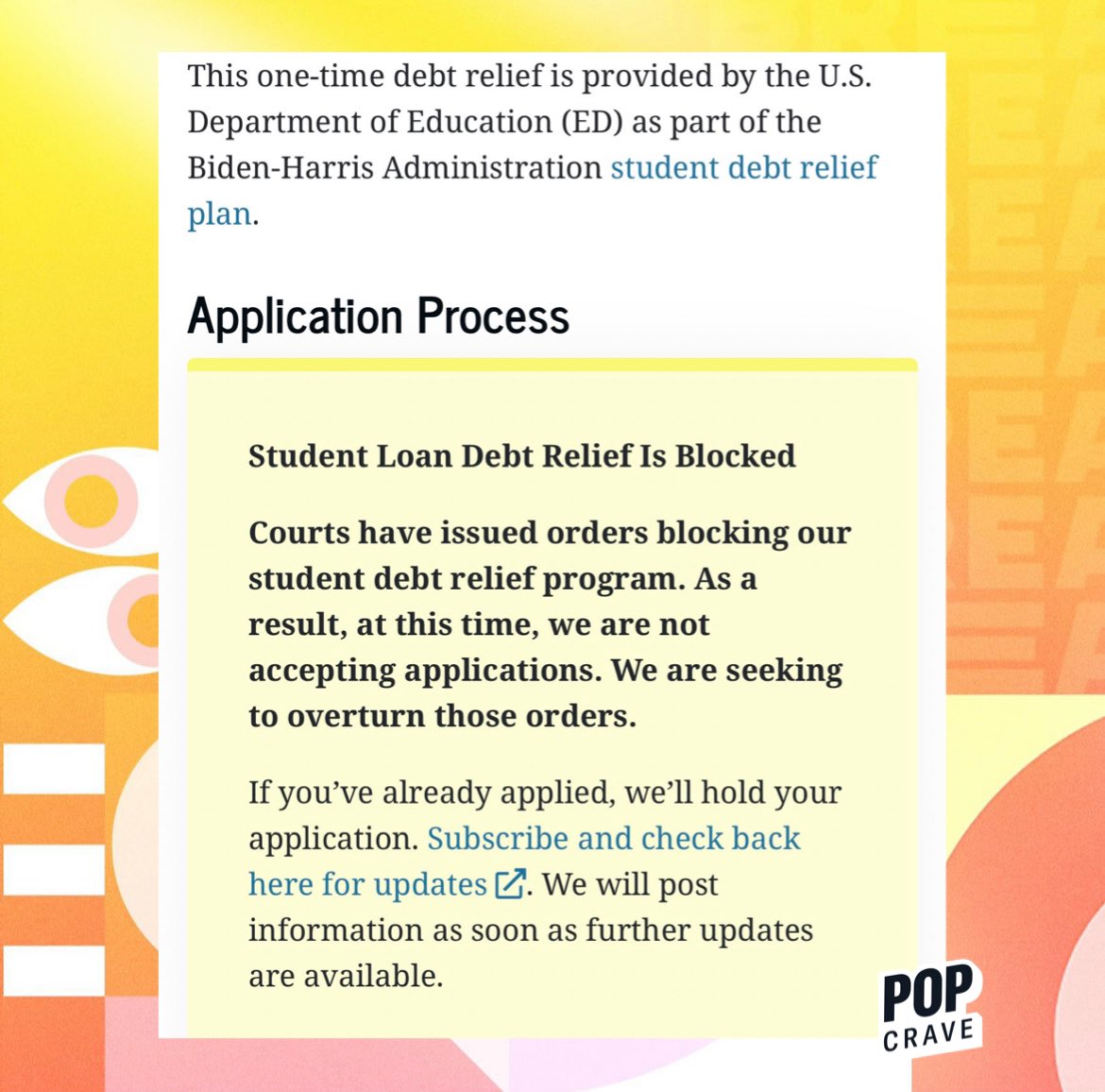 PopCrave's tweet photo. The Biden administration has stopped accepting applications for student loan forgiveness after a federal judge in Texas struck down the plan on Thursday, calling it unconstitutional. https://t.co/ziHMCWiCx0