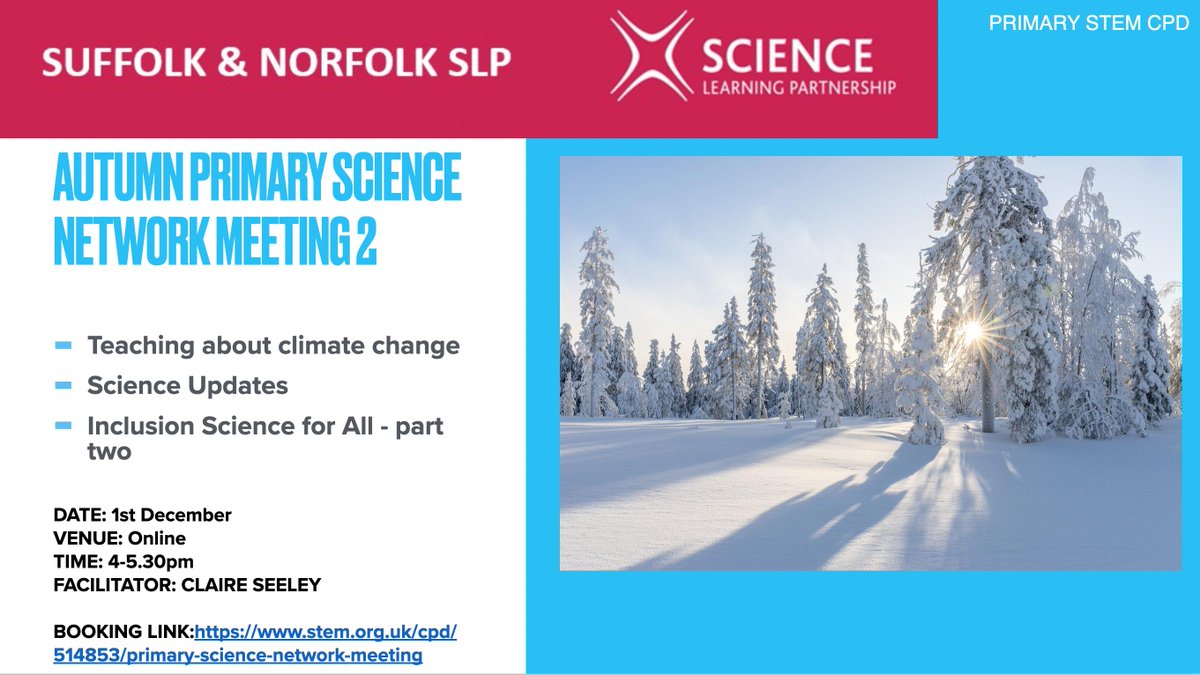 Want to join a free network of like-minded Primary Science Leaders? Come and join us! Everyone welcome!
1st December/Online/4-5.30pm

To book:stem.org.uk/cpd/514853/pri… 
<a href="/Psqm_HQ/">Primary Science Quality Mark</a> <a href="/pstt_whyhow/">Primary Science Teaching Trust</a> <a href="/AsePrimary/">ASE Primary Committee</a> <a href="/TheJulianTSH/">The Julian Teaching School Hub</a> <a href="/alpha_tsh/">Alpha Teaching School Hub</a> <a href="/UnityTSH/">Unity Teaching School Hub</a> <a href="/PrimarySCITT/">Suffolk & Norfolk Primary SCITT - now NESTT</a> <a href="/Suffolk_PHA/">Suffolk Primary Headteachers' Assocation</a> @EducateNorfolk