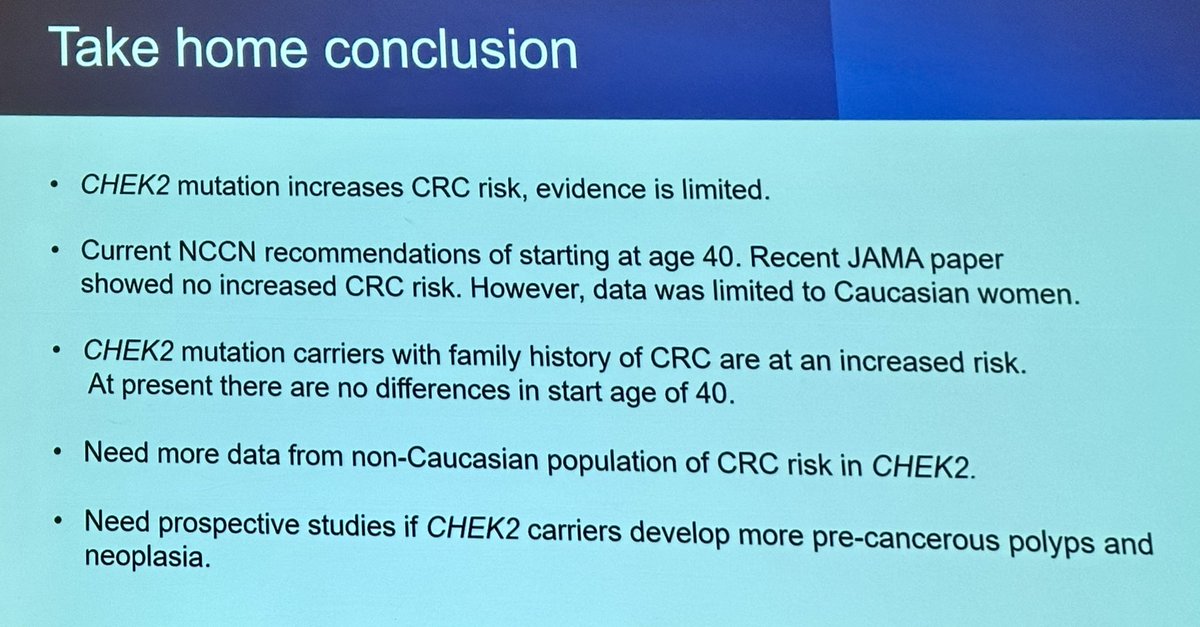 👉🏻Still more questions than answers in the role of CHEK2 in #CRC predisposition 
➡️Until more answers comes…the recommendation is CRC screening as for high-risk familial CRC @NCCN 
👏🏻👏🏻Nice presentation by @priyanka_kanth @CGAIGC #CGAIGC22