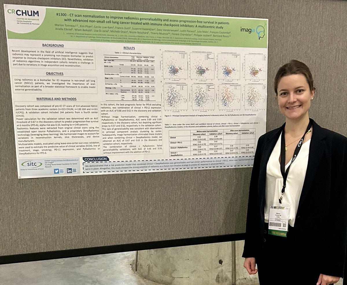 Glad to be in Boston today - Pass by the poster area and say hi at poster 1300 for a quick chat about CT scan normalization to improve radiomics generalizability #SITC22 @BertrandRouty @ImagiaCanexia @CRCHUM @univ_lille @sitcancer