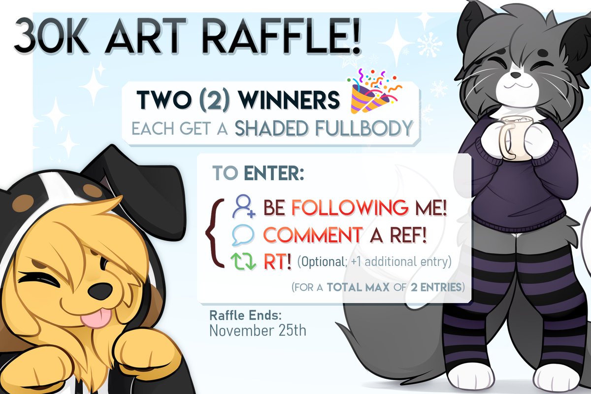 accelldraws's tweet image. ✨THANK YOU FOR 30K!!✨
That means it's art raffle time! Two (2) winners will each get a shaded fullbody (in the usual style of my posts)!

TO ENTER:
✅ Be following me!
✅ Comment a ref!
✳️ RT (optional, for an additional entry!)

Winners will be picked Nov. 25th!