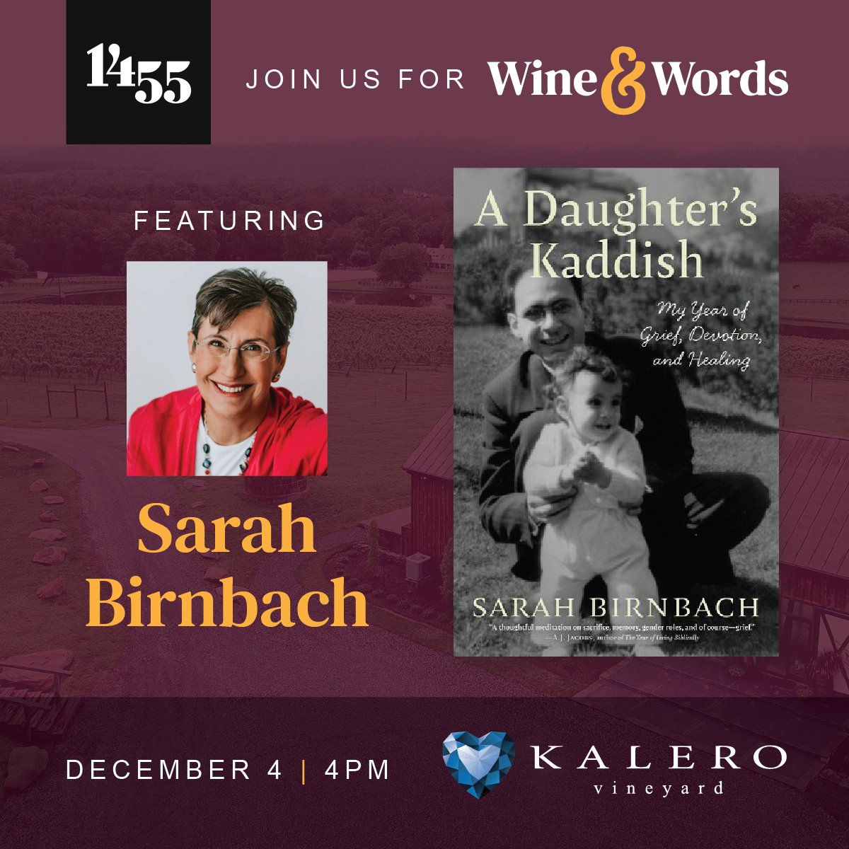 #1455WineandWords at <a href="/KaleroVineyard/">KALERO VINEYARD</a> continues with <a href="/sarah_birnbach/">Sarah Birnbach</a> reading from #ADaughtersKaddish. Sip wine and listen to discussion about the writing process &amp; story of a year-long odyssey to persevere through an unfamiliar world of #Jewish #prayer > buff.ly/3WMGOay