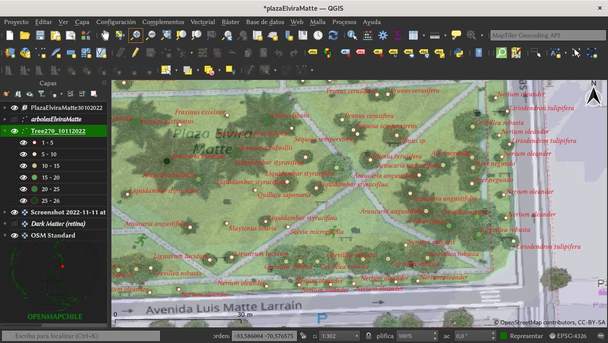 openmapchile's tweet photo. 🌲🌴💚📌📸🗺️🇨🇱#ArboladoUrbano Público Virtual
#AUPV de #Plaza #ElviraMatte en #PuenteAlto 270 natural=tree | 38 sp. árbol - 7 sp. arbusto | Exóticas 97% - Nativas 3% | densidad 106 arb/ha #DatosAbiertos #OpenStreeetMap en #Qgis #F4Map #3D https://t.co/p9jggzBihI https://t.co/k6vl3SDQXF