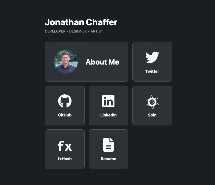 My new site is up! This was a fun little refresh, happy with the results. 

Technologies used: <a href="/nextjs/">Next.js</a> <a href="/tailwindcss/">Tailwind CSS</a> <a href="/vercel/">Vercel</a> 

Check it out here: jonathanchaffer.com