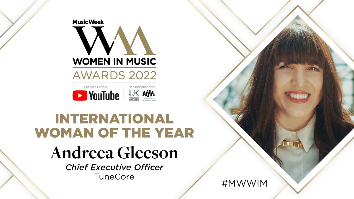 The Music Week Women In Music Awards 2022 presents @tunecore CEO @AndreeaGleeson with International Woman of the Year! #MWWIM