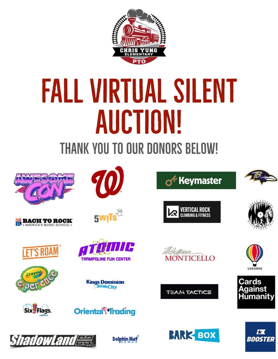 Our Fall Virtual Silent Auction is open to everyone and ends TODAY!

Share with family and friends to get the word out! 

Make your final bid to supports our goal of building an outdoor classroom for our Steam Engines!

app.galabid.com/cyessilentauct…
