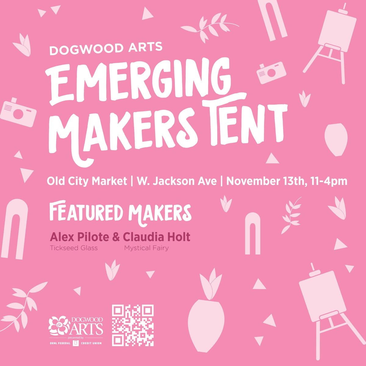 dogwoodarts's tweet photo. This Sunday 📣 Claudia Holt [Mystical Fairy] &amp; Alex Pilote [Tickseed Glass] are our #NovemberFeaturedArtists in the Emerging Makers Tent at the @OldCityMrktKnox 🎨 Don't miss it → 11AM-4PM on W. Jackson Avenue #DogwoodArts #EmergingMakers https://t.co/Qp8NthRM7a
